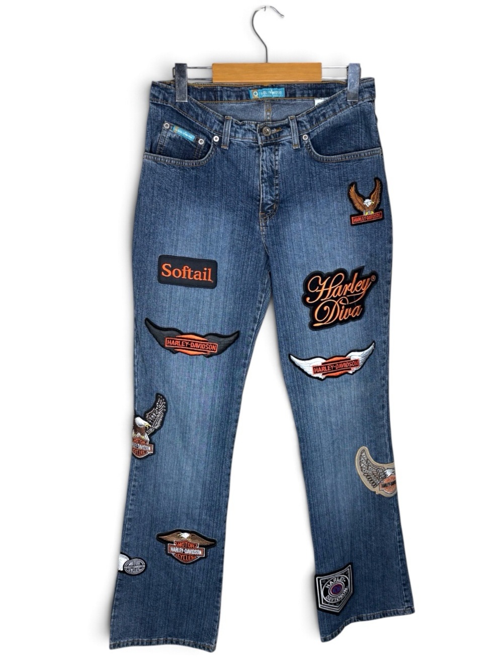 Vintage Y2K Harley Davidson Patches Biker Patchwork 1/1 Blue Denim Jeans Size 28